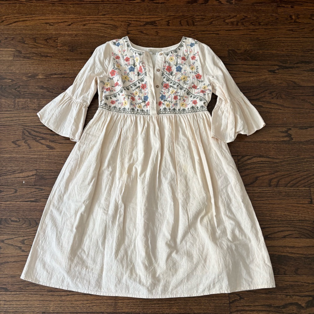 Polagram Cotton Floral Embroidered Cottage Core Bell Sleeve Dress